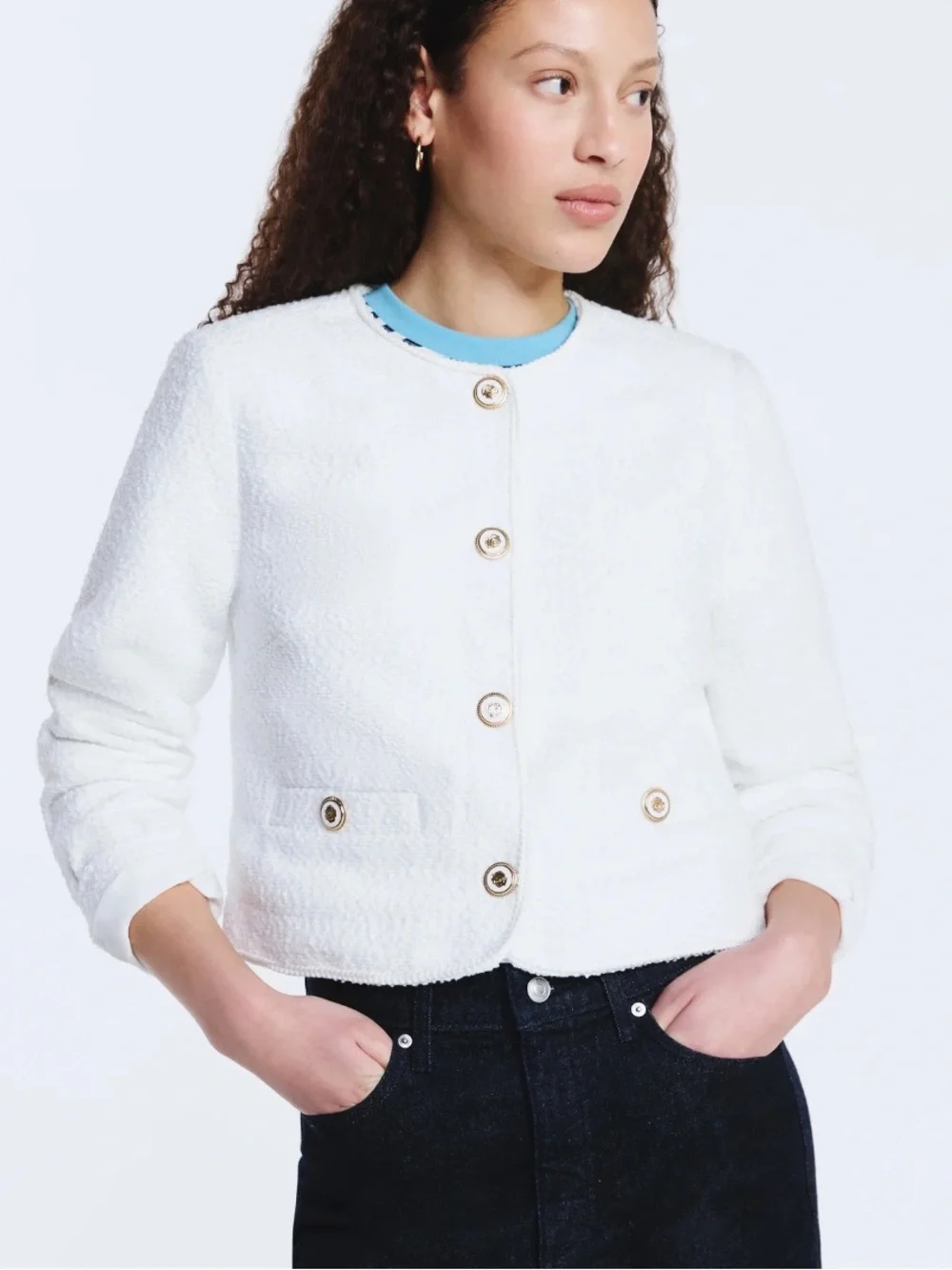 Free Assembly Women's Collarless Nubby Jacket with Long Sleeves